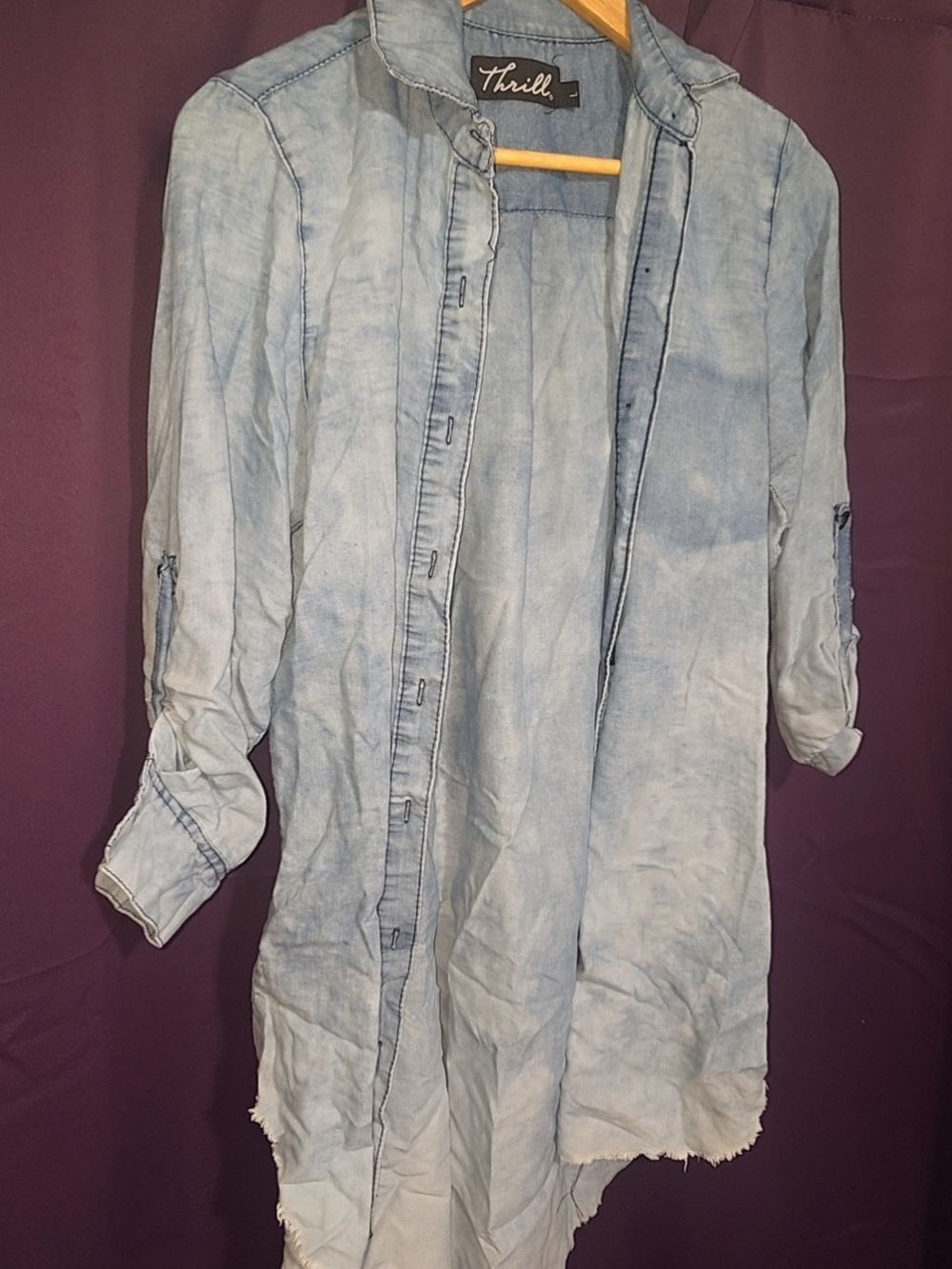 Thrill Light Wash Long Denim Shirt Jacket - Pale Blue